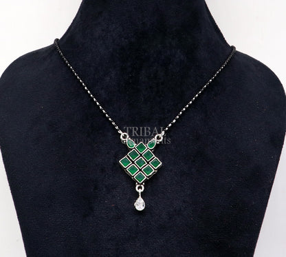 925 sterling silver mangasutra necklace with black beads and green stone pendant, traditional tribal design for women.