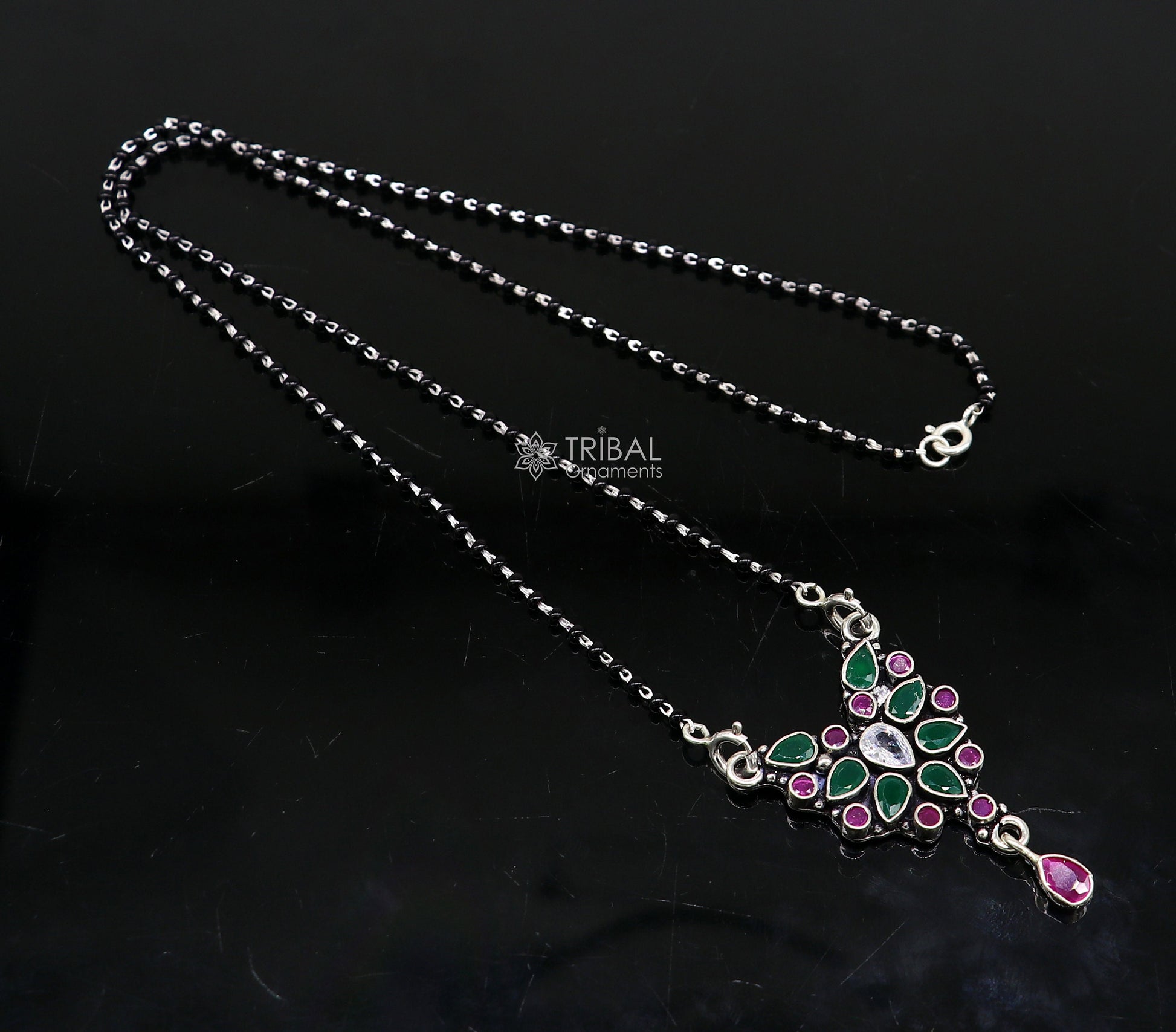 925 sterling silver handmade delicate black beaded chain and fabulous cut stone pendant, amazing brides mangalsutra necklace from india ms45 - TRIBAL ORNAMENTS