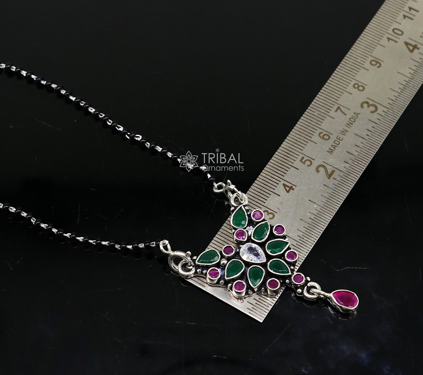 925 sterling silver handmade delicate black beaded chain and fabulous cut stone pendant, amazing brides mangalsutra necklace from india ms45 - TRIBAL ORNAMENTS