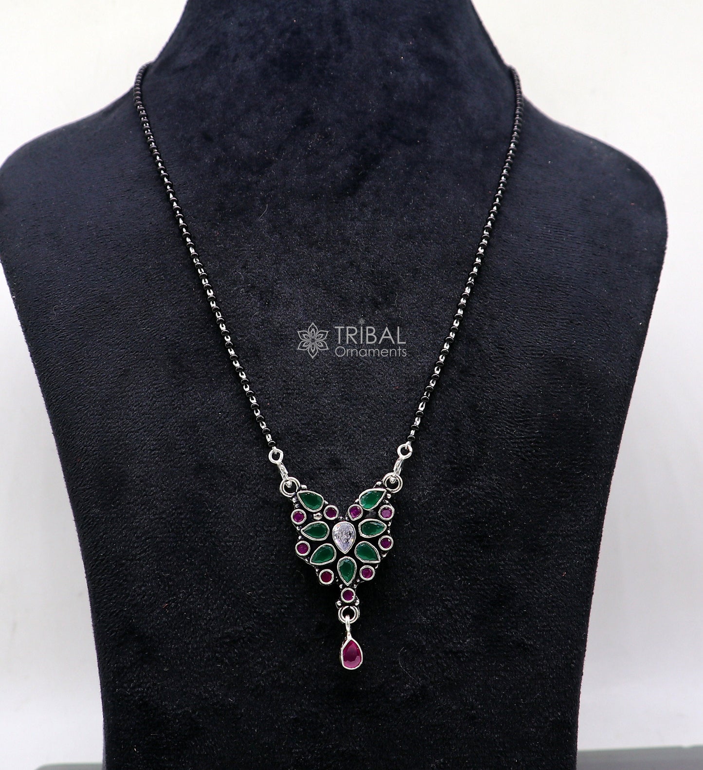 925 sterling silver handmade delicate black beaded chain and fabulous cut stone pendant, amazing brides mangalsutra necklace from india ms45 - TRIBAL ORNAMENTS