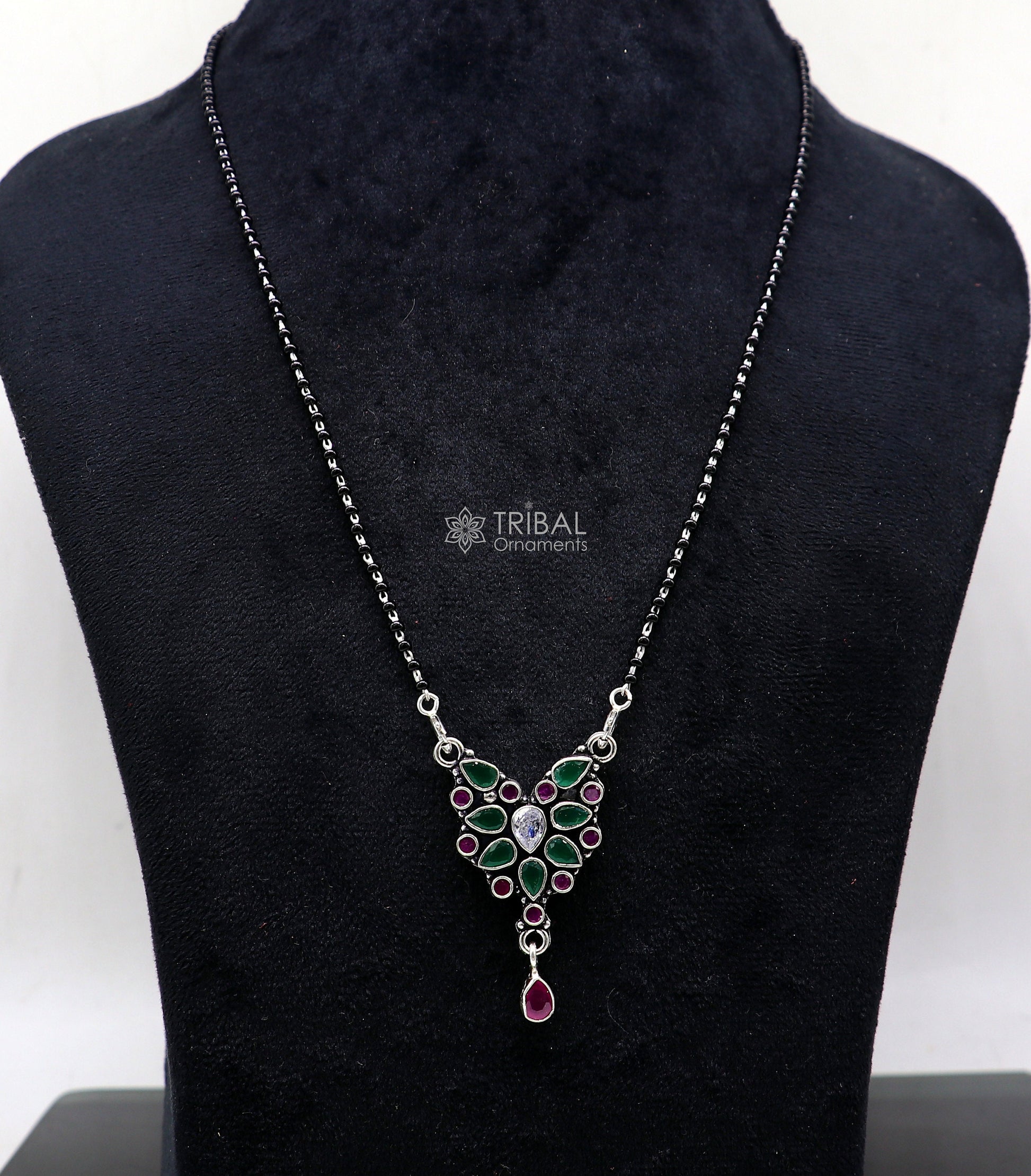 925 sterling silver handmade delicate black beaded chain and fabulous cut stone pendant, amazing brides mangalsutra necklace from india ms45 - TRIBAL ORNAMENTS