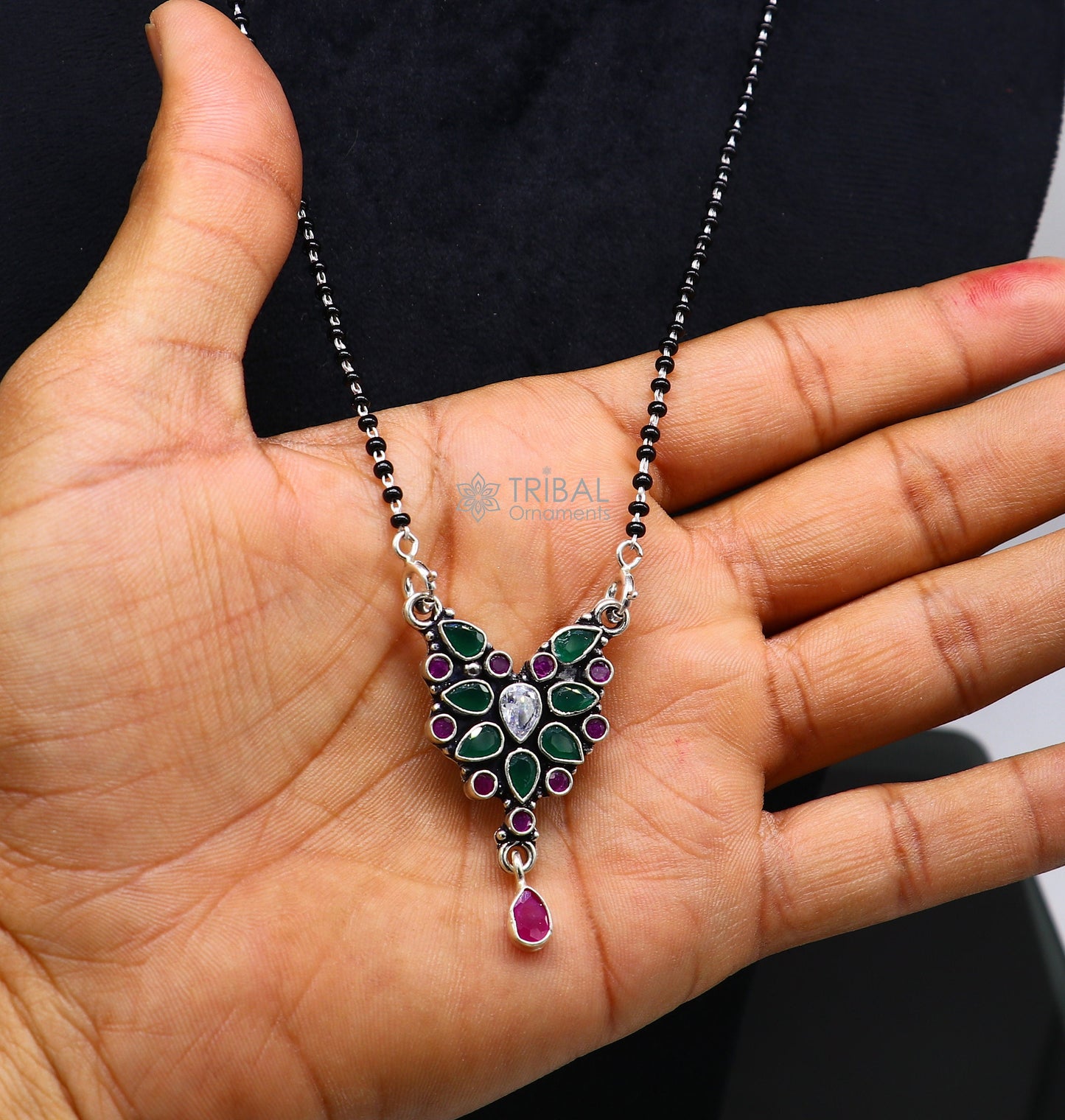 925 sterling silver handmade delicate black beaded chain and fabulous cut stone pendant, amazing brides mangalsutra necklace from india ms45 - TRIBAL ORNAMENTS