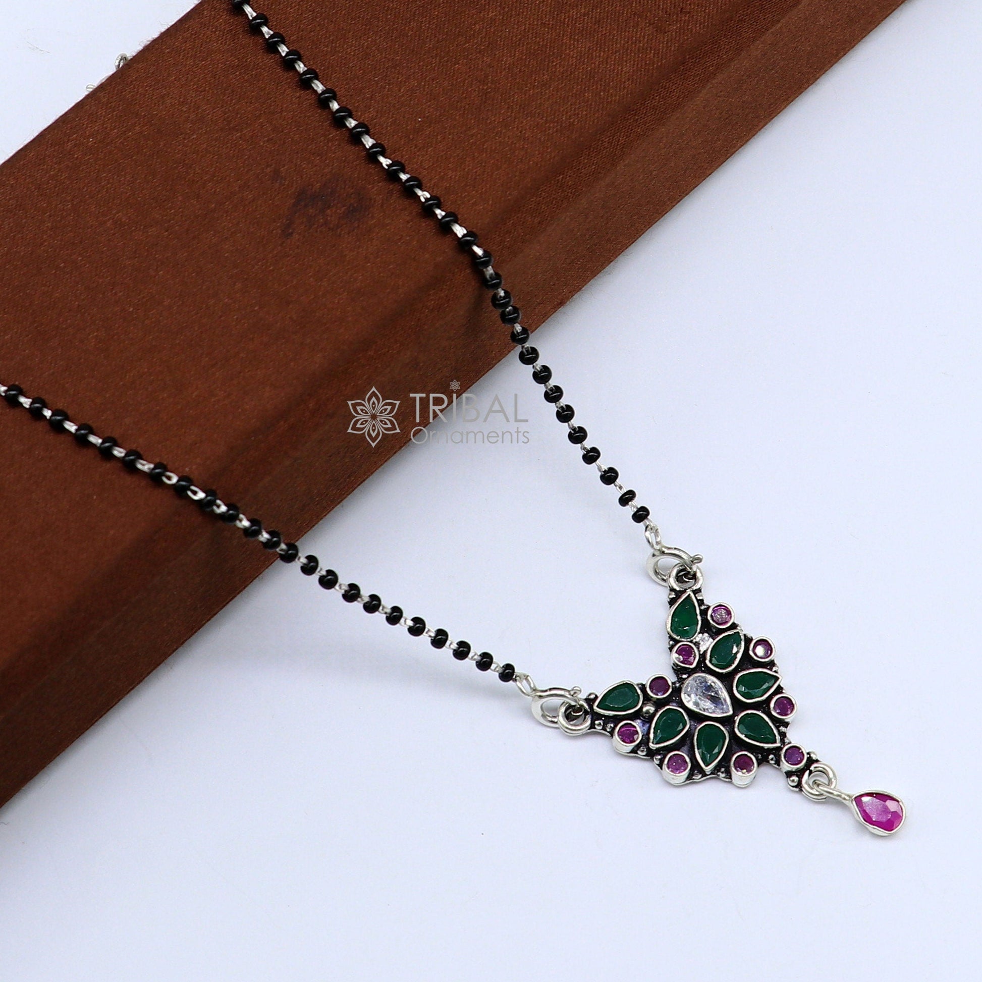 925 sterling silver handmade delicate black beaded chain and fabulous cut stone pendant, amazing brides mangalsutra necklace from india ms45 - TRIBAL ORNAMENTS