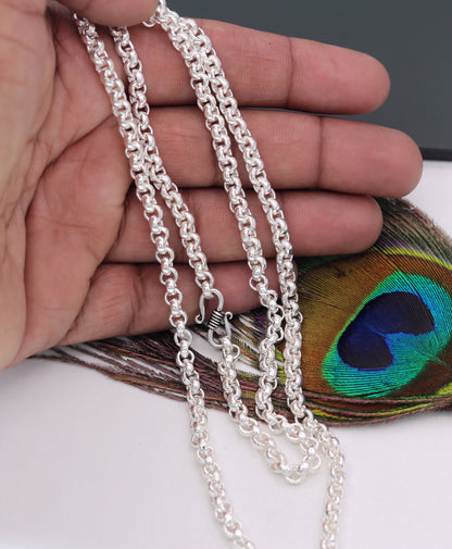 Sterling silver cable link rolo chain necklace by Tribal Ornaments, long unisex jewelry with intricate handmade design from India