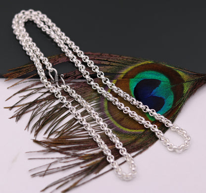 Unisex 925 sterling silver cable link rolo chain necklace with handmade craftsmanship, tribal ornament jewelry from India.