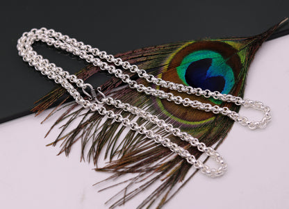 Unisex 925 sterling silver cable link rolo chain necklace with handmade craftsmanship, long and stylish jewelry from India.