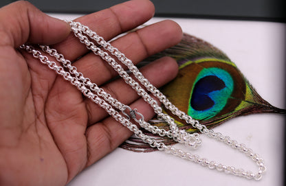 Sterling silver handmade cable link rolo chain necklace from India, unisex jewelry with intricate craftsmanship.