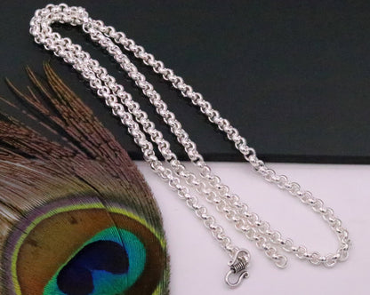 Sterling silver handmade cable link rolo chain necklace, unisex Indian jewelry by TRIBAL ORNAMENTS, long and stylish.