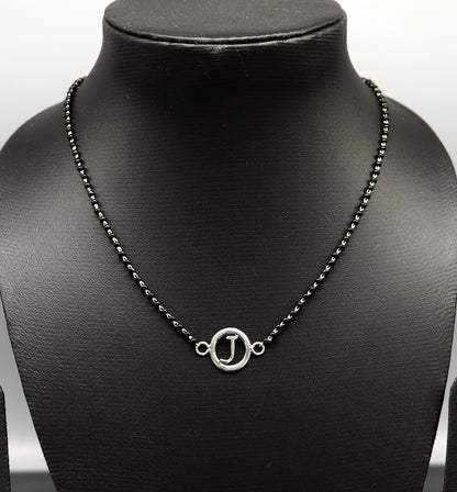 925 sterling silver black beads chain necklace with letter pendant and locket, ideal for brides, by TRIBAL ORNAMENTS.