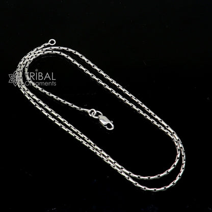 Sterling silver 1.5mm fancy chain necklace by TRIBAL ORNAMENTS, handmade solid silver jewelry with intricate design, ideal for gifting.