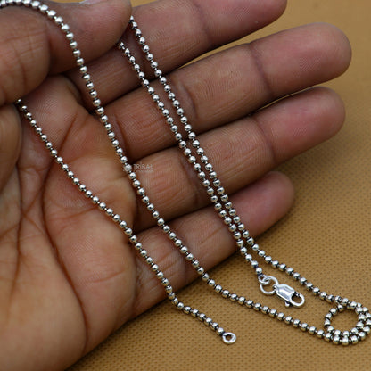 Sterling silver beaded chain necklace by TRIBAL ORNAMENTS, 2mm handmade fancy silver jewelry for gifting and stylish wear.