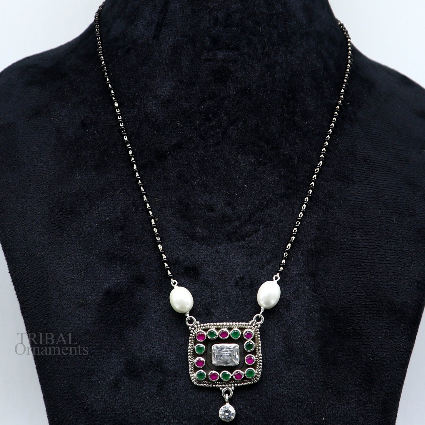 Awesome 2.2mm small black beaded 925 sterling silver cut stone mangalsutra pendant, best wedding anniversary, girl's gifting jewelry nec352 - TRIBAL ORNAMENTS