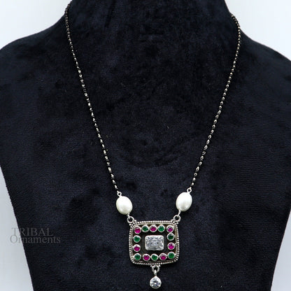 Awesome 2.2mm small black beaded 925 sterling silver cut stone mangalsutra pendant, best wedding anniversary, girl's gifting jewelry nec352 - TRIBAL ORNAMENTS