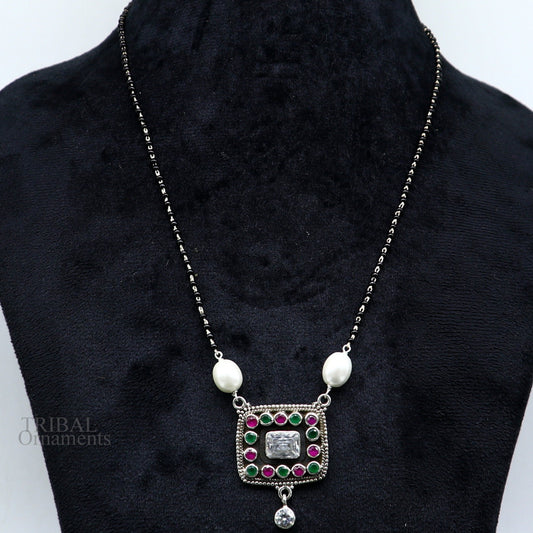 Awesome 2.2mm small black beaded 925 sterling silver cut stone mangalsutra pendant, best wedding anniversary, girl's gifting jewelry nec352 - TRIBAL ORNAMENTS