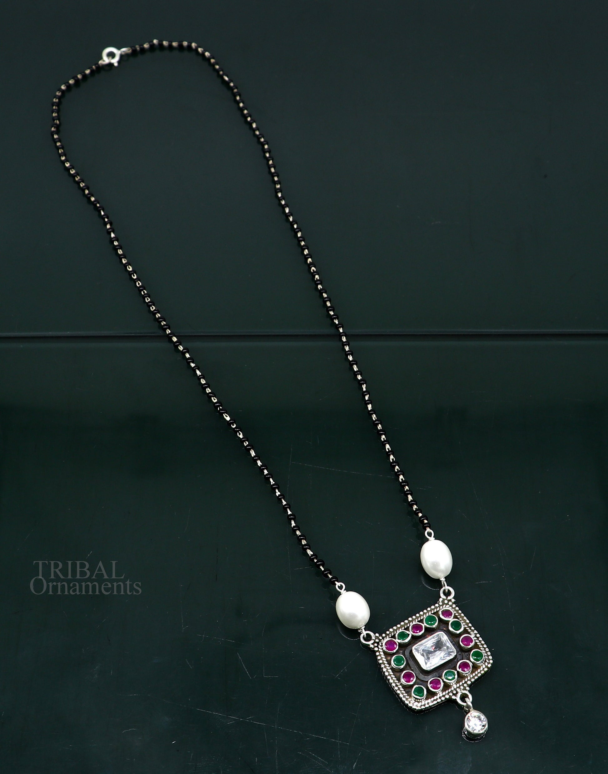 Awesome 2.2mm small black beaded 925 sterling silver cut stone mangalsutra pendant, best wedding anniversary, girl's gifting jewelry nec352 - TRIBAL ORNAMENTS