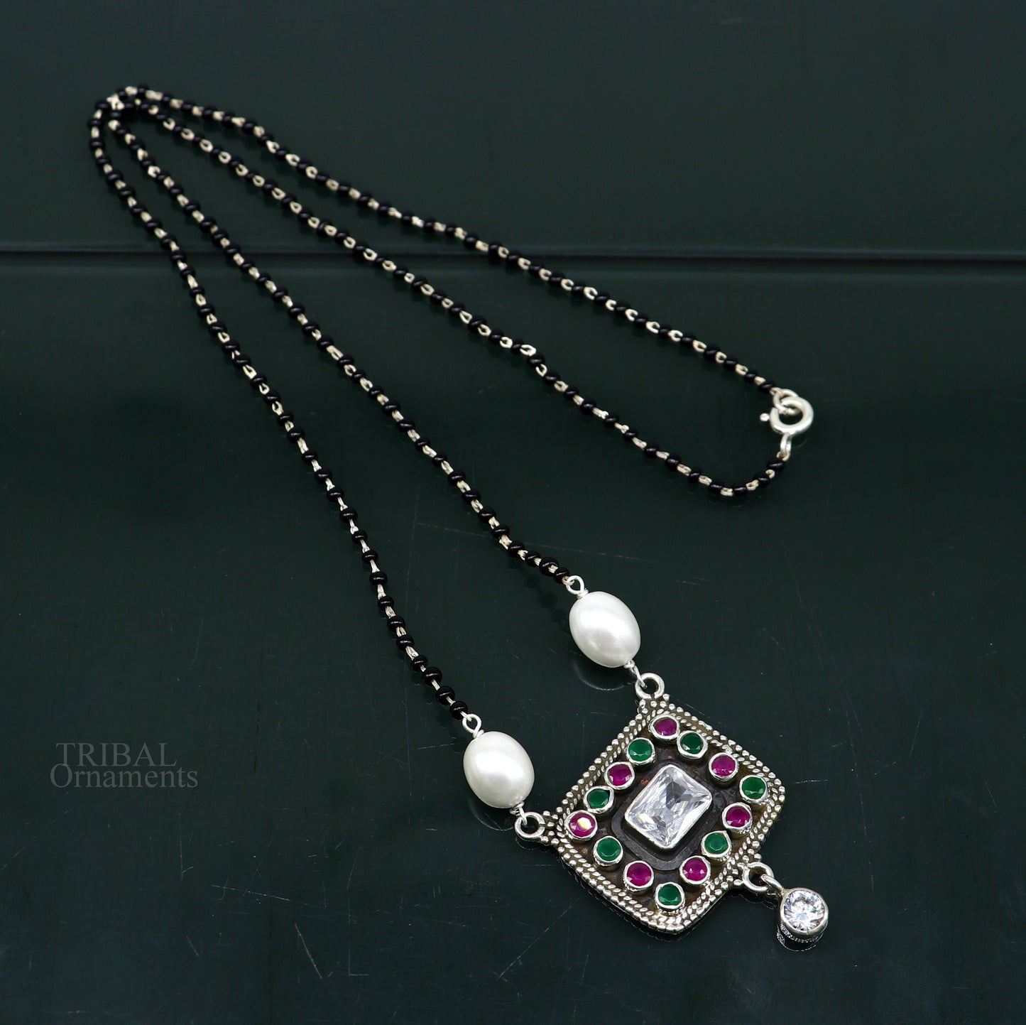 Awesome 2.2mm small black beaded 925 sterling silver cut stone mangalsutra pendant, best wedding anniversary, girl's gifting jewelry nec352 - TRIBAL ORNAMENTS