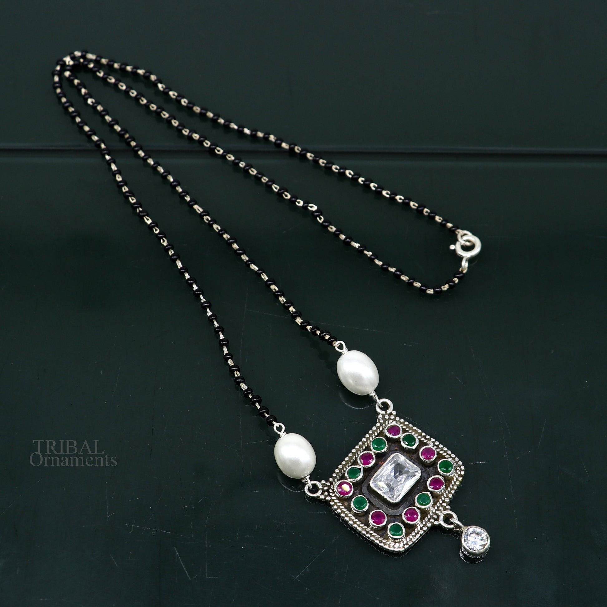 Awesome 2.2mm small black beaded 925 sterling silver cut stone mangalsutra pendant, best wedding anniversary, girl's gifting jewelry nec352 - TRIBAL ORNAMENTS