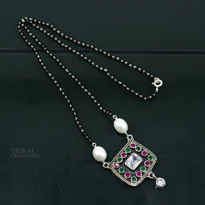 Awesome 2.2mm small black beaded 925 sterling silver cut stone mangalsutra pendant, best wedding anniversary, girl's gifting jewelry nec352 - TRIBAL ORNAMENTS