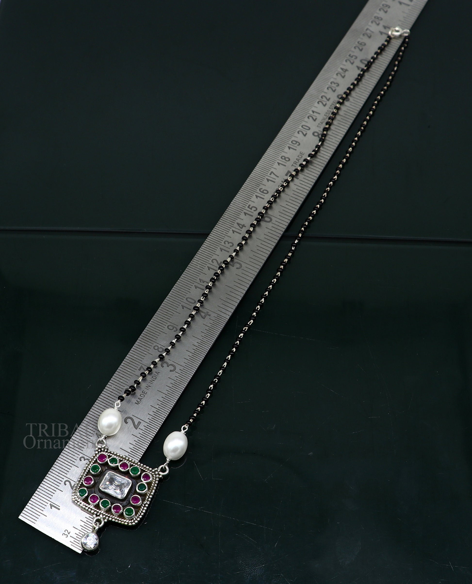 Awesome 2.2mm small black beaded 925 sterling silver cut stone mangalsutra pendant, best wedding anniversary, girl's gifting jewelry nec352 - TRIBAL ORNAMENTS