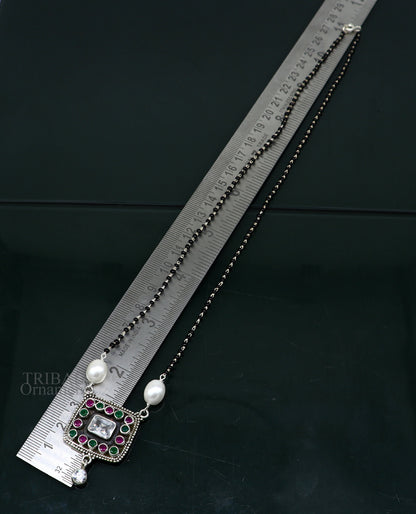 Awesome 2.2mm small black beaded 925 sterling silver cut stone mangalsutra pendant, best wedding anniversary, girl's gifting jewelry nec352 - TRIBAL ORNAMENTS