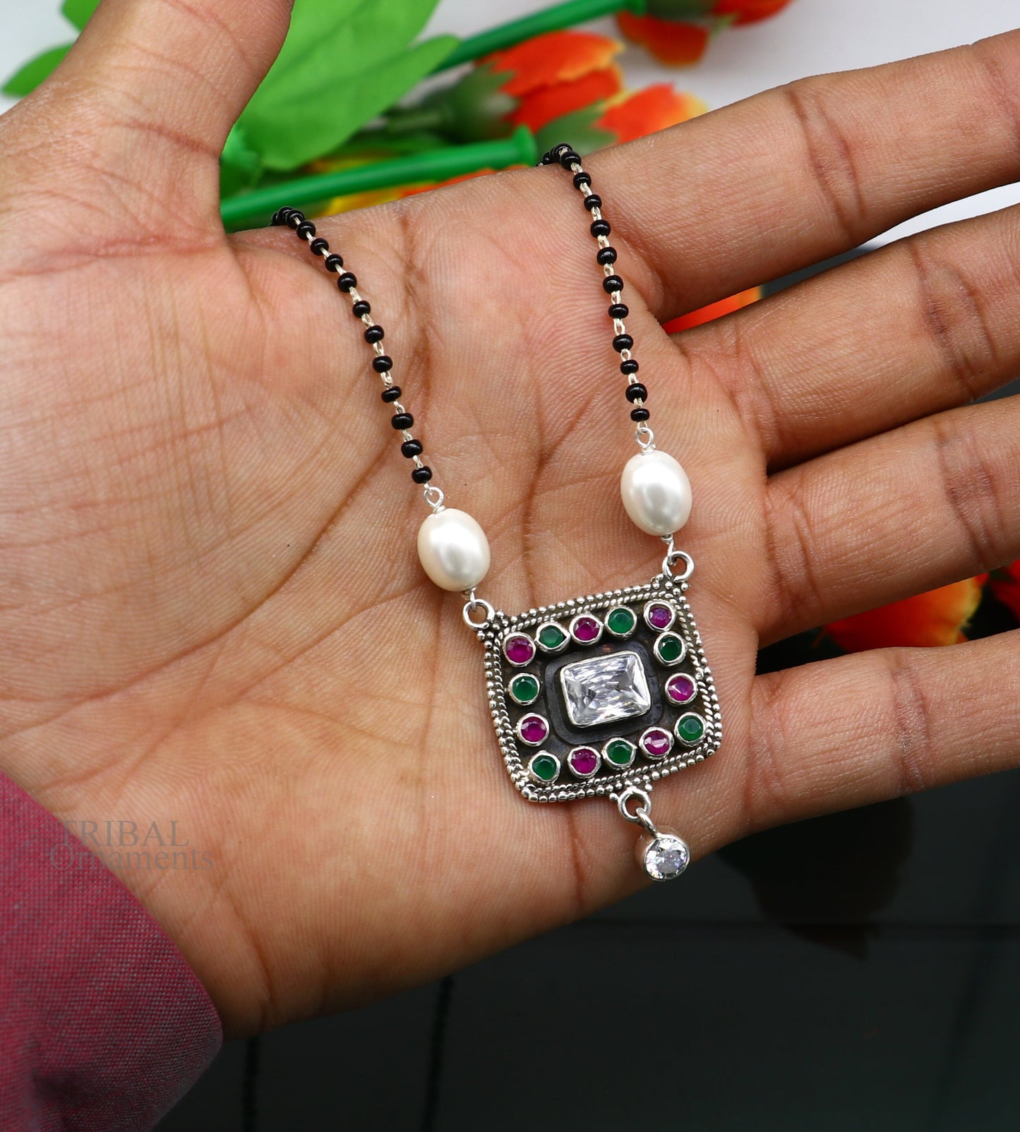 Awesome 2.2mm small black beaded 925 sterling silver cut stone mangalsutra pendant, best wedding anniversary, girl's gifting jewelry nec352 - TRIBAL ORNAMENTS