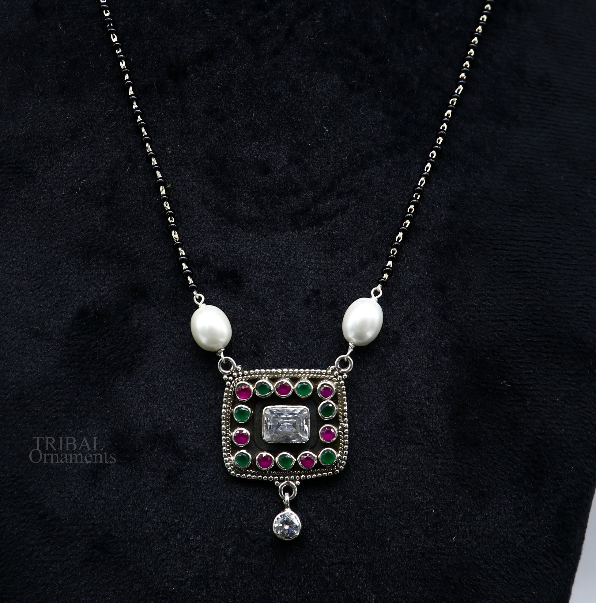 Awesome 2.2mm small black beaded 925 sterling silver cut stone mangalsutra pendant, best wedding anniversary, girl's gifting jewelry nec352 - TRIBAL ORNAMENTS