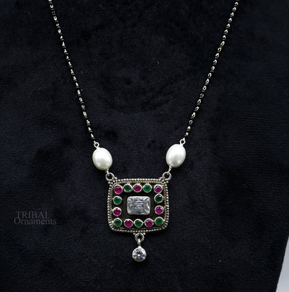 Awesome 2.2mm small black beaded 925 sterling silver cut stone mangalsutra pendant, best wedding anniversary, girl's gifting jewelry nec352 - TRIBAL ORNAMENTS