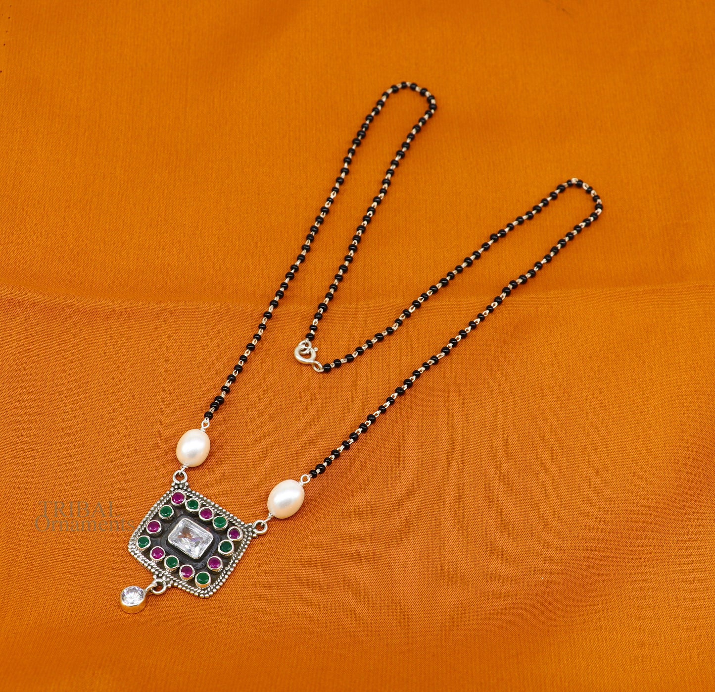 Awesome 2.2mm small black beaded 925 sterling silver cut stone mangalsutra pendant, best wedding anniversary, girl's gifting jewelry nec352 - TRIBAL ORNAMENTS