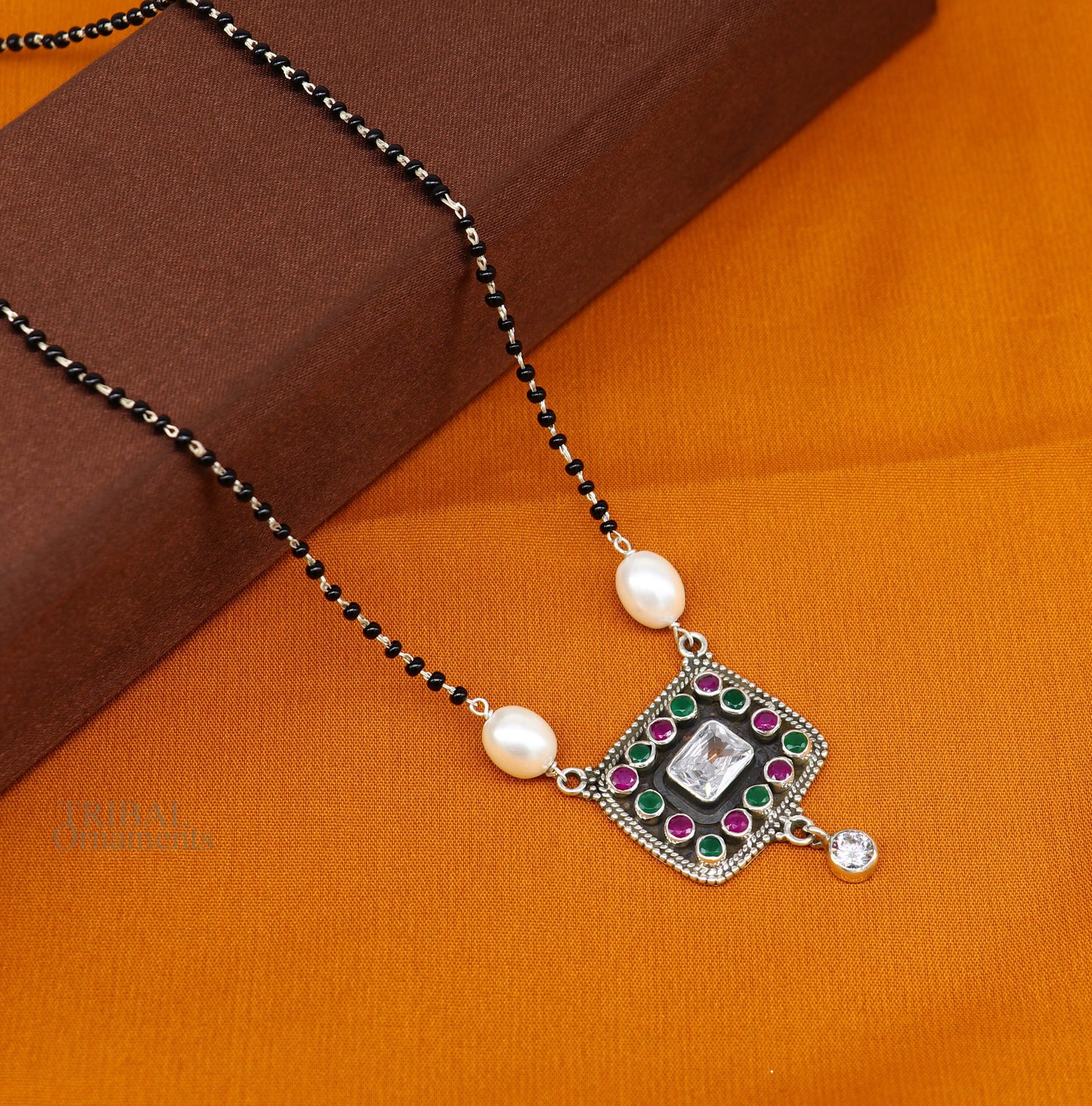 Awesome 2.2mm small black beaded 925 sterling silver cut stone mangalsutra pendant, best wedding anniversary, girl's gifting jewelry nec352 - TRIBAL ORNAMENTS