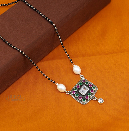 Awesome 2.2mm small black beaded 925 sterling silver cut stone mangalsutra pendant, best wedding anniversary, girl's gifting jewelry nec352 - TRIBAL ORNAMENTS