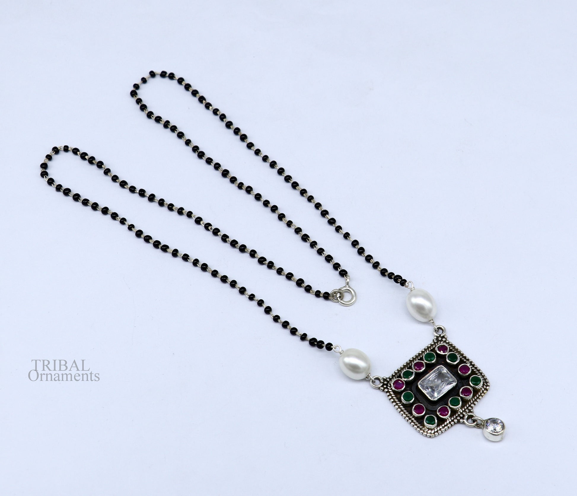 Awesome 2.2mm small black beaded 925 sterling silver cut stone mangalsutra pendant, best wedding anniversary, girl's gifting jewelry nec352 - TRIBAL ORNAMENTS