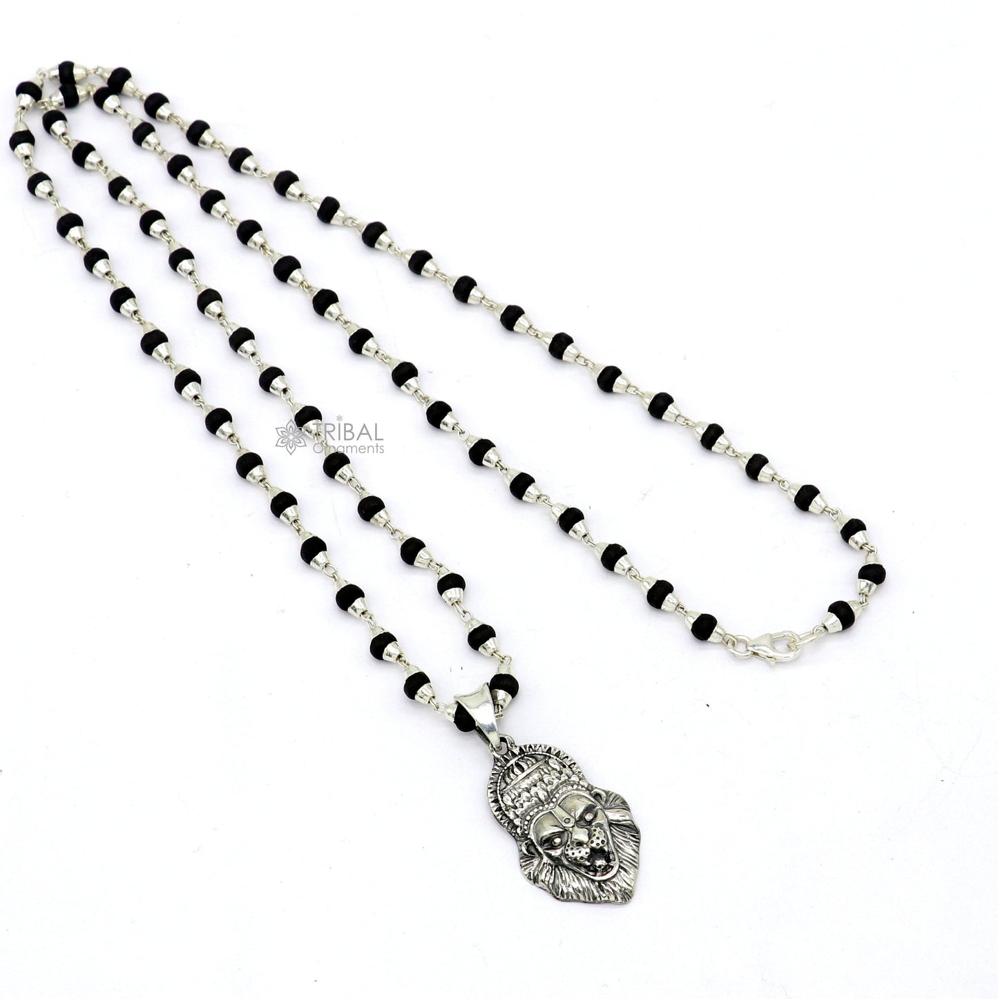 Holy Basil rosary with 4mm silver beads and Lord Vishnu Narsimha pendant, paired with a Tulsi mala necklace from Tribal Ornaments.