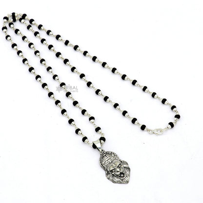Holy Basil rosary with 4mm silver beads and Lord Vishnu Narsimha pendant, paired with a Tulsi mala necklace from Tribal Ornaments.