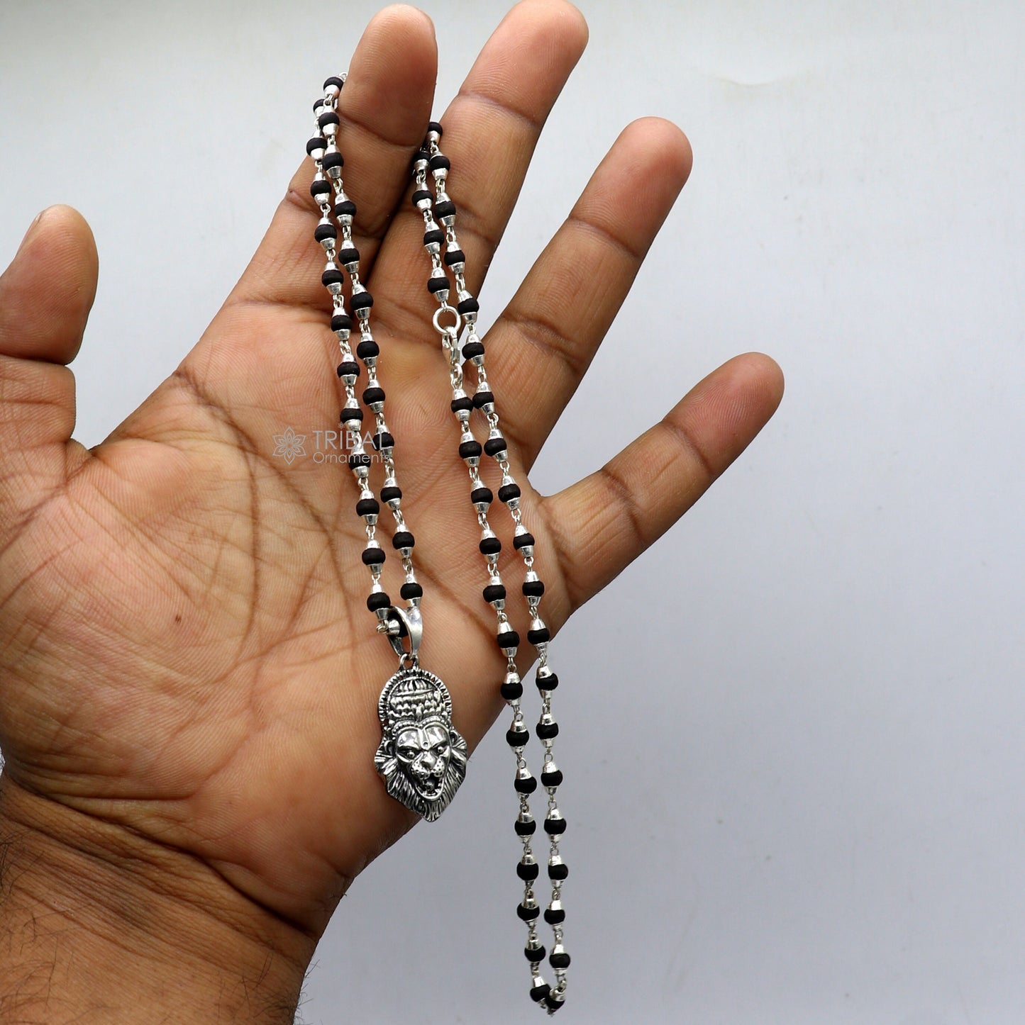 Holy Basil rosary with 4mm solid silver Lord Vishnu Narsimha pendant and tulsi mala, traditional South Indian jewelry set.