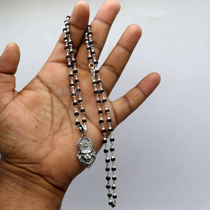 Holy Basil rosary with 4mm solid silver Lord Vishnu Narsimha pendant and tulsi mala, traditional South Indian jewelry set.
