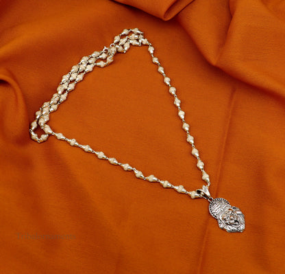 Holy Basil rosary with 4mm silver beads and Lord Vishnu Narsimha pendant, featuring a Tulsi mala set from Tribal Ornaments.