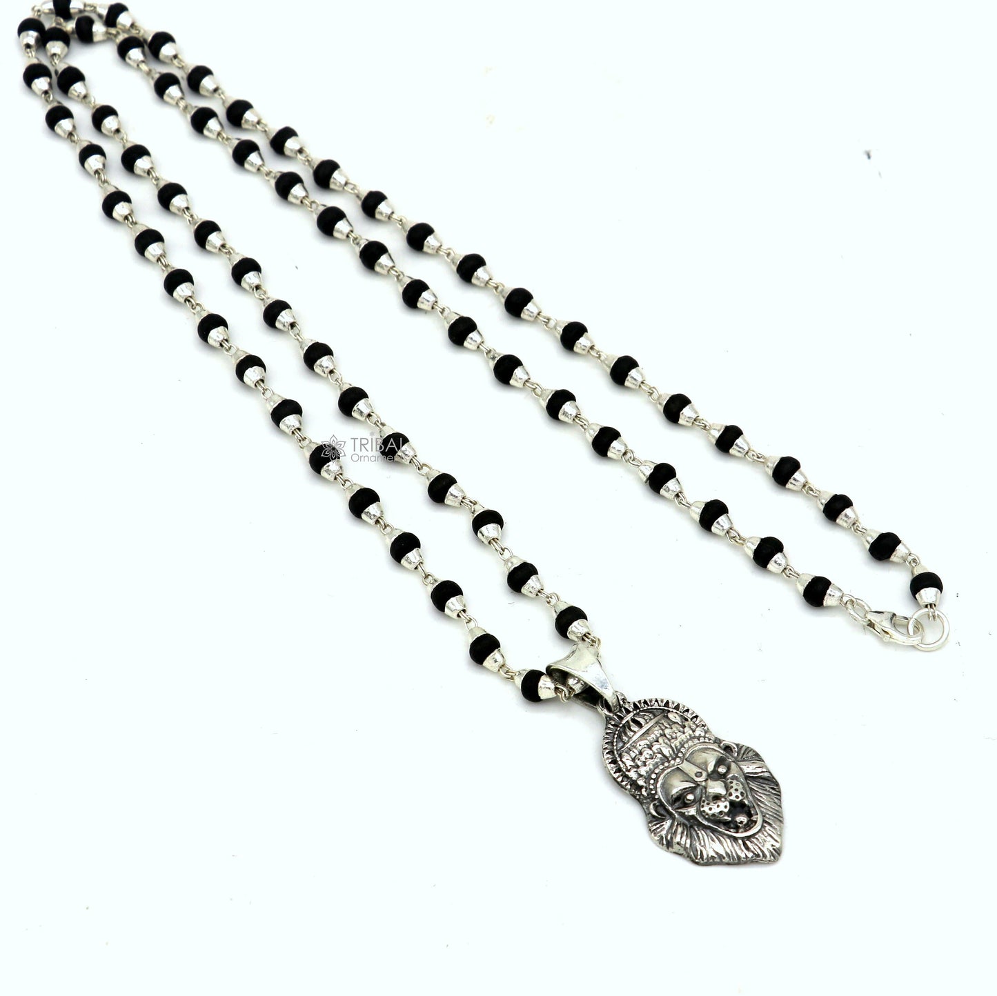 Holy Basil rosary with 4mm beads and solid silver Lord Vishnu Narsimha pendant, paired with a Tulsi mala necklace from Tribal Ornaments.