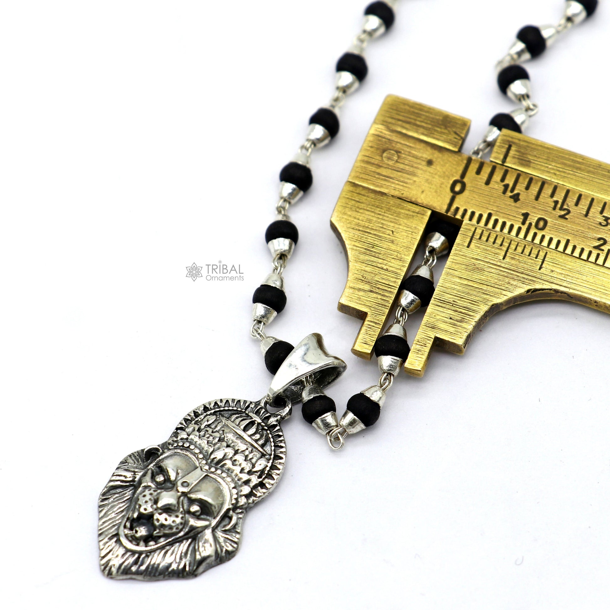 Holy Basil rosary with 4mm beads, solid silver Lord Vishnu and Narsimha pendant, tulsi mala, traditional Indian spiritual jewelry.