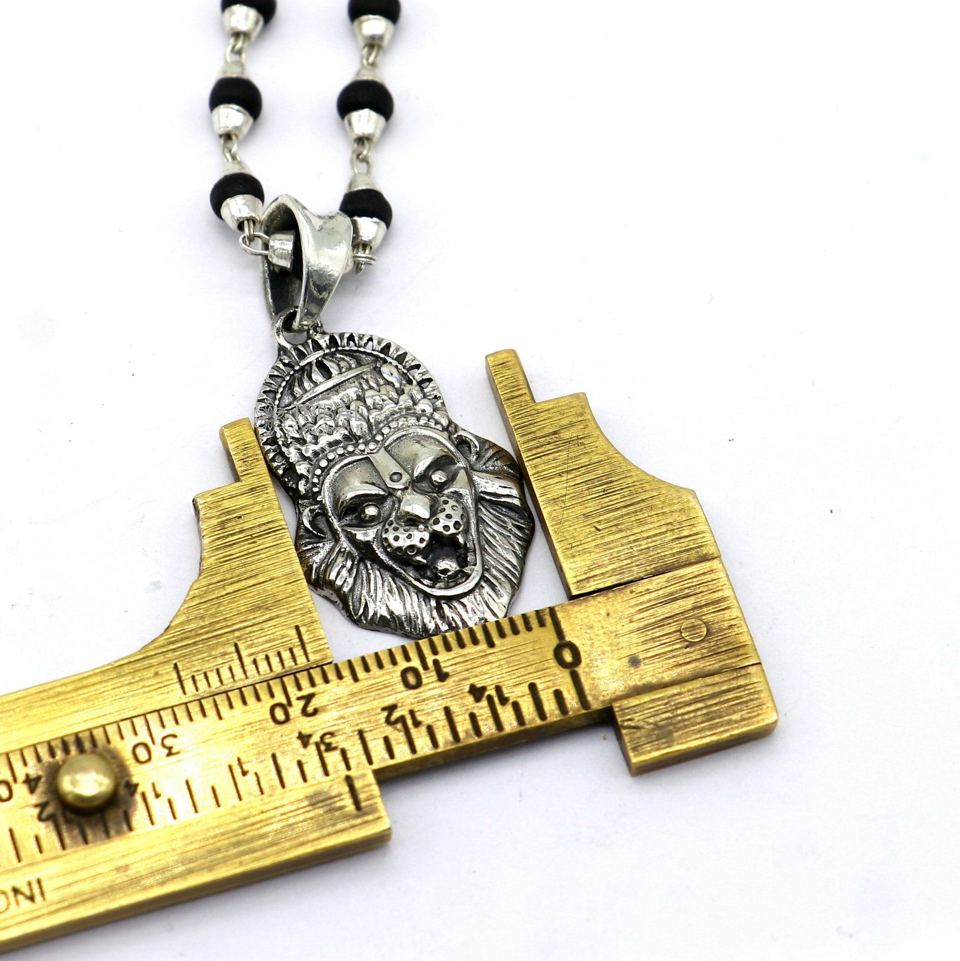 Holy Basil rosary with 4mm beads, solid silver Lord Vishnu and Narsimha pendant, paired with Tulsi mala necklace from Tribal Ornaments.