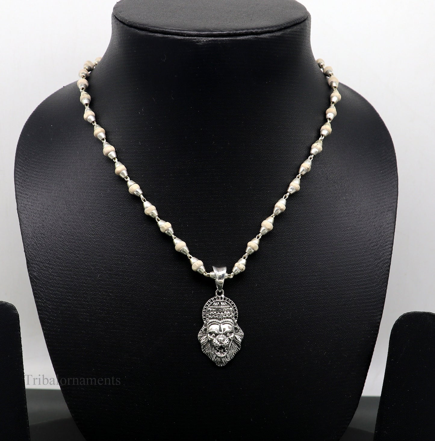 Holy Basil rosary with 4mm beads, solid silver Lord Vishnu and Narsimha pendant, tulsi mala from Tribal Ornaments.