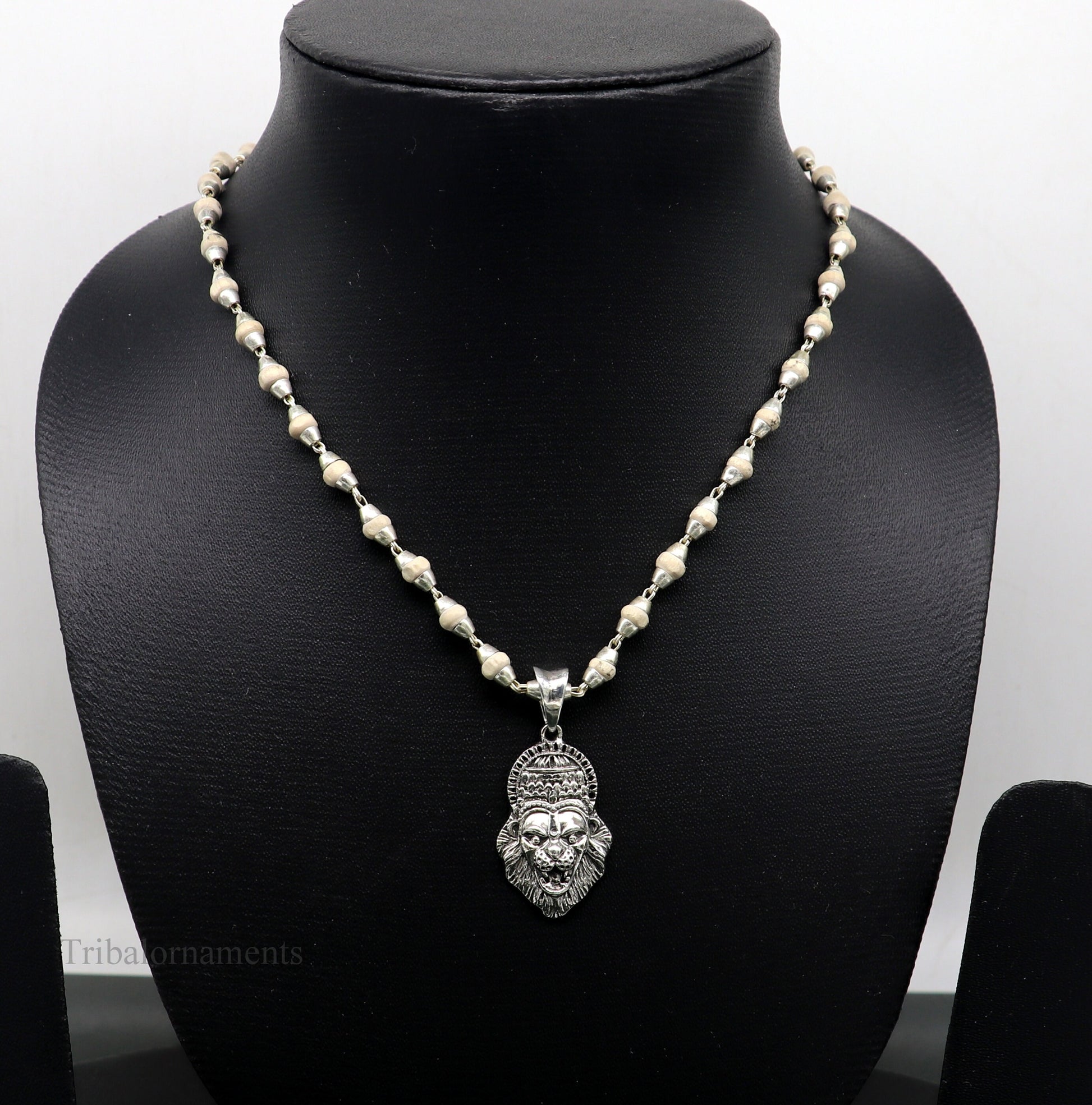 Holy Basil rosary with 4mm beads, solid silver Lord Vishnu and Narsimha pendant, tulsi mala from Tribal Ornaments.