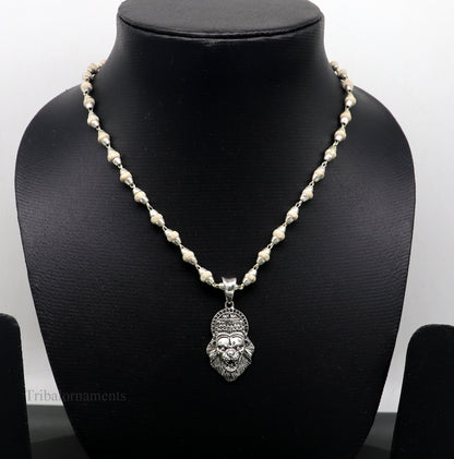 Holy Basil rosary with 4mm beads, solid silver Lord Vishnu and Narsimha pendant, tulsi mala from Tribal Ornaments.