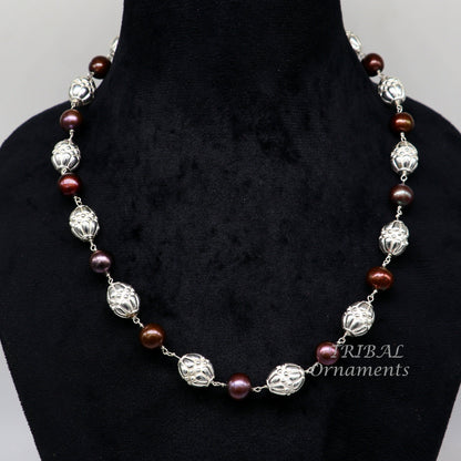 Elegant natural freshwater pearl beaded necklace by TRIBAL ORNAMENTS featuring 925 sterling silver for women or girls.