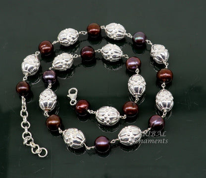 Elegant natural freshwater pearl beaded necklace by TRIBAL ORNAMENTS made with 925 sterling silver for women or girls.