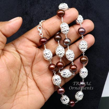 Elegant natural freshwater pearl beaded necklace by TRIBAL ORNAMENTS, made with 925 sterling silver, suitable for women and gifting