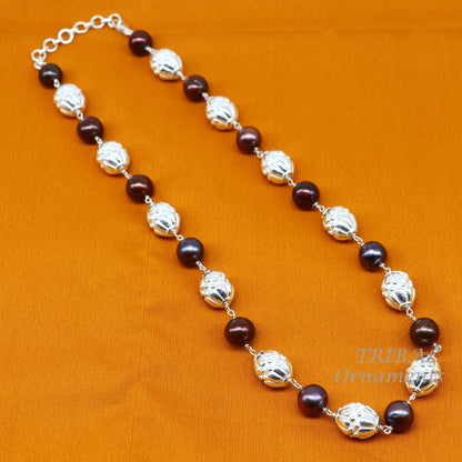 Elegant natural freshwater pearl beaded necklace in 925 sterling silver, perfect for daily wear or gifting for women and girls.