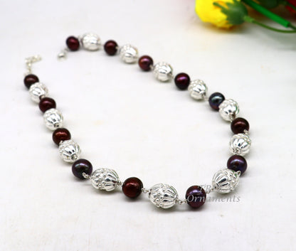 Elegant natural freshwater pearl beaded necklace made of 925 sterling silver, designed for women’s daily wear and gifting by TRIBAL ORNAMENTS.