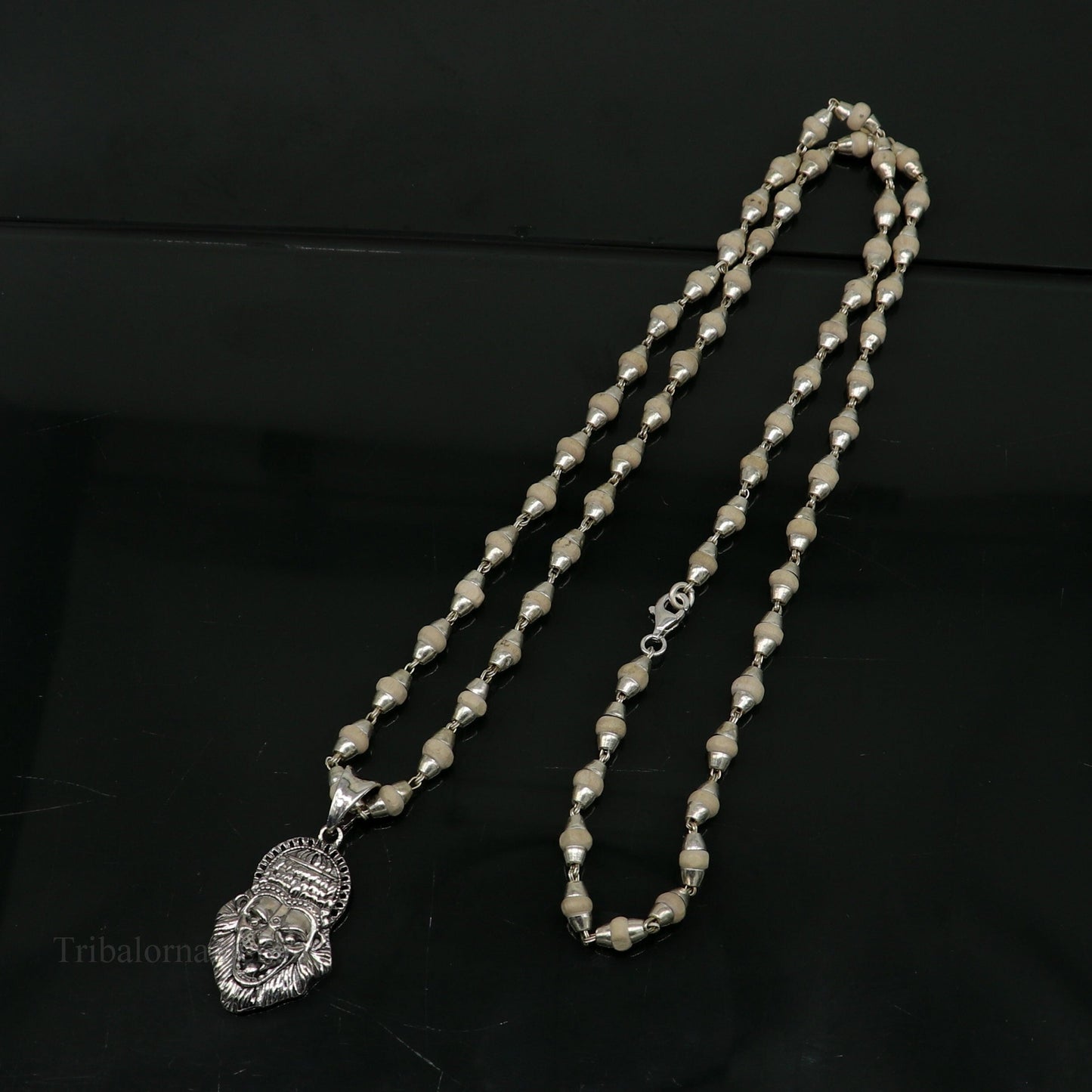 Holy Basil rosary 4 mm beads solid silver necklace with amazing south india lord vishnu narsimha pendant with tulsi mala from india set43 - TRIBAL ORNAMENTS