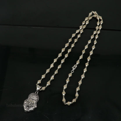 Holy Basil rosary necklace with 4mm solid silver beads and Lord Vishnu Narsimha pendant, featuring Tulsi mala from South India.