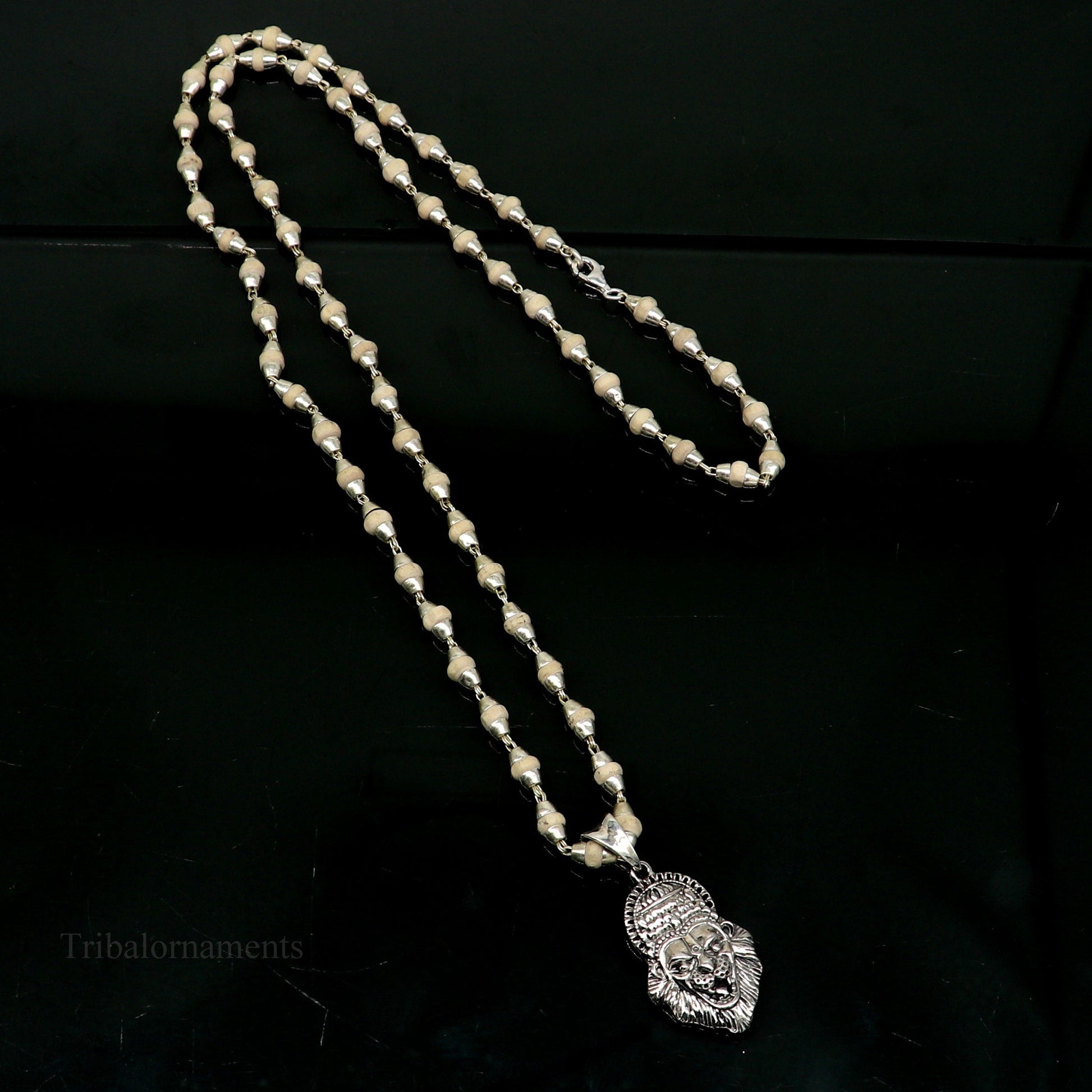 Holy Basil rosary 4 mm beads solid silver necklace with amazing south india lord vishnu narsimha pendant with tulsi mala from india set43 - TRIBAL ORNAMENTS